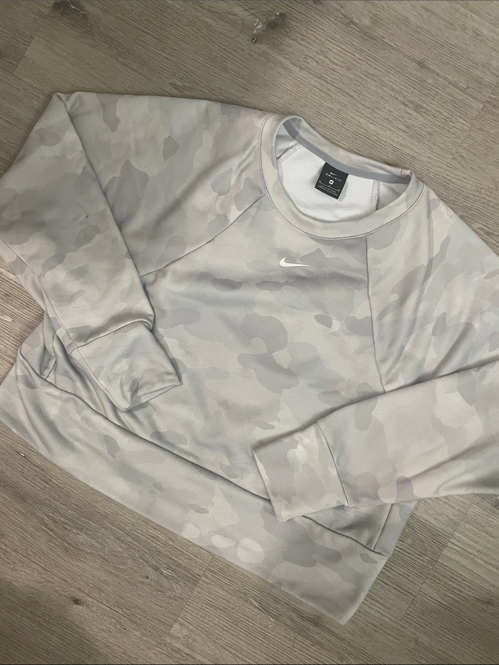Nike Dri Fit Women's Light Gray Camo Crew Sweatshirt - Training Top | Size M